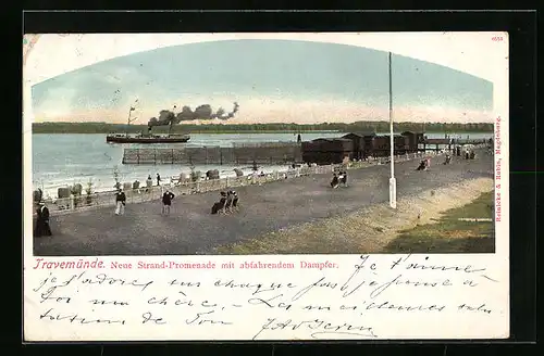 AK Travemünde, Neue Strand-Promenade mit abfahrendem Dampfer