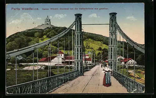 AK Porta Westfalica, Kaiser Wilhelm-Denkmal von der Kettenbrücke aus gesehen