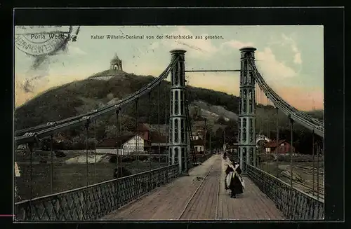 AK Porta Westfalica, Kaiser Wilhelm-Denkmal von der Kettenbrücke aus gesehen