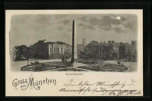 Mondschein-AK München, Karolinenplatz mit Denkmal