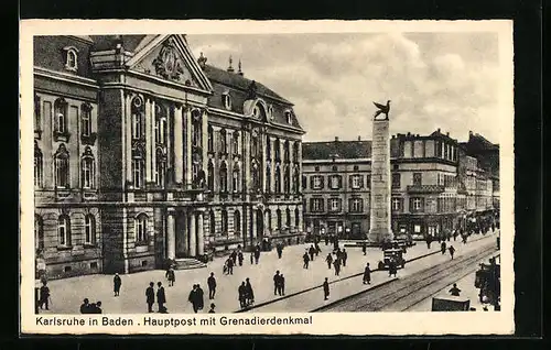AK Karlsruhe in Baden, Hauptpost mit Grenadierdenkmal