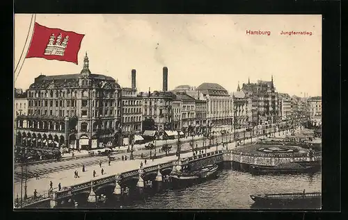 AK Hamburg-Neustadt, Jungfernstieg mit Booten u. Fahne