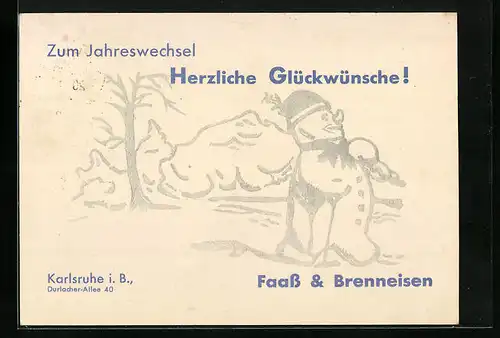 AK Karlsruhe i. B., Reklame Faass & Brenneisen, Durlacher-Allee 40, Schneemann