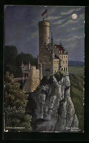 Künstler-AK Hans Boettcher: Schloss Lichtenstein bei Mondschein
