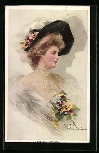 Künstler-AK Philip Boileau: A Passing Shadow, schöne junge Frau mit Hut und Blumenstrauss