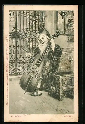 Künstler-AK Franz Doubek: Adagio, Münchner Kindl spielt auf einem Cello
