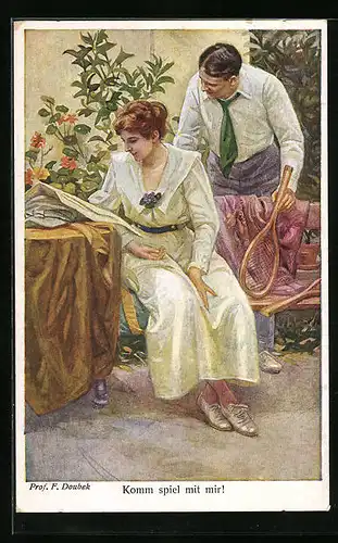Künstler-AK Franz Doubek: Komm spiel mit mir!, Liebespaar mit Tennisschlägern