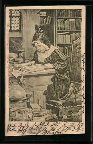 Künstler-AK Franz Doubek: der Antiquar, Münchner Kindl liest am Tisch in einem Buch