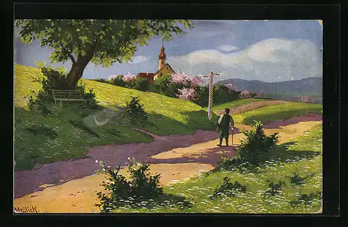 Künstler-AK Alfred Mailick: Ortspartie mit Mann am Wegweiser