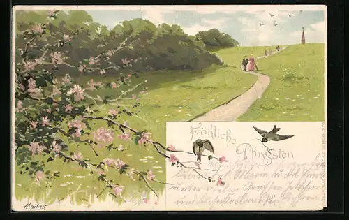 Künstler-AK Alfred Mailick: Spaziergänger auf einerm Feldweg bei Baumblüte mit Schwalben, Pfingstgruss