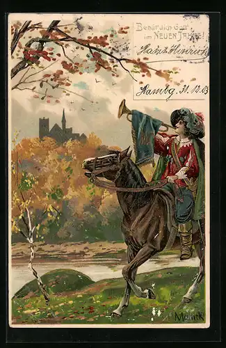 Präge-Künstler-AK Alfred Mailick: Behüt dich Gott!, Trompeter zu Pferde am Ufer, Neujahrsgruss