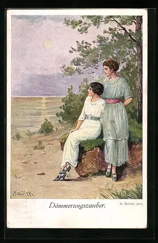Künstler-AK Alfred Mailick: Dämmerungszauber, Zwei Frauen am Ufer