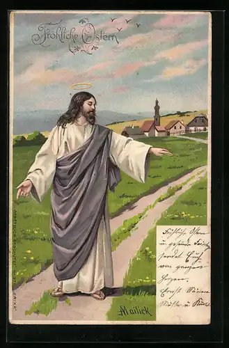 Künstler-AK Alfred Mailick: Jesus auf einem Feldweg, Im Hintergrund Kirche, Ostergruss