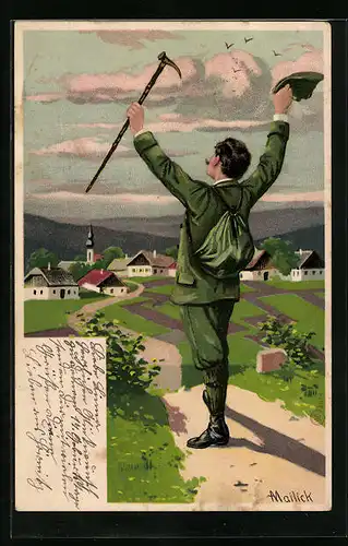 Künstler-AK Alfred Mailick: Wanderer vor einer Ortschaft