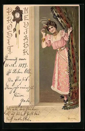 Künstler-AK Alfred Mailick: Junge Frau mit Glas am Vorhand, Neujahrsgruss