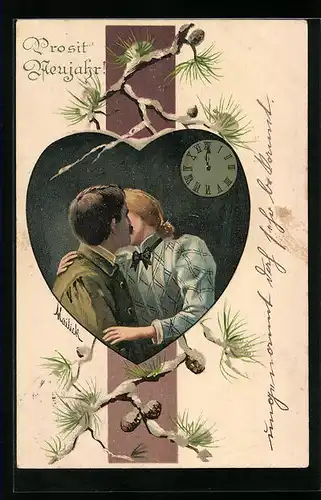 Künstler-AK Alfred Mailick: Liebespaar vor Uhr im Herz, Neujahrsgruss