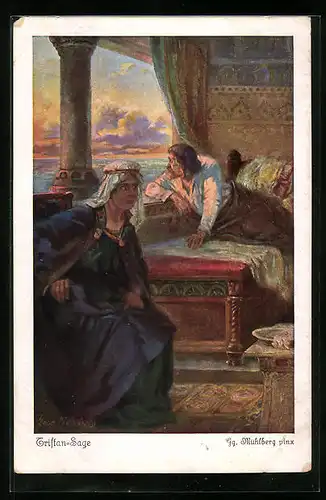 Künstler-AK Georg Mühlberg: Tristan-Sage, Zu Tode verwundet erwartet Tristan die Ankunft Isoldes