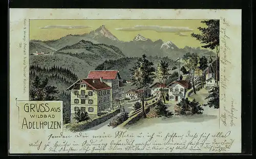 Lithographie Bad Adelholzen, Ortspartie mit Hotel