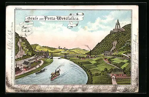 Lithographie Porta-Westfalica, Teilansicht mit Denkmal und Dampfer