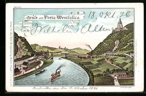 Lithographie Porta-Westfalica, Teilansicht mit Denkmal und Dampfer