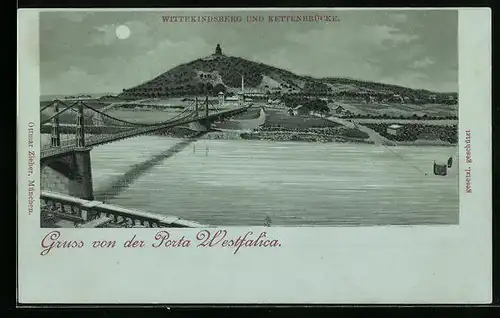 Mondschein-Lithographie Porta-Westfalica, Wittenkindsberg und Kettenbrücke