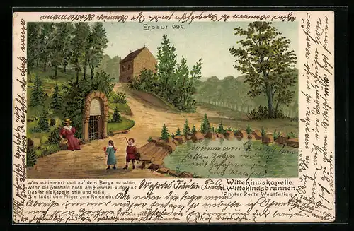 Lithographie Porta Westfalica, Wittekindskapelle und Wittekindsbrunnen