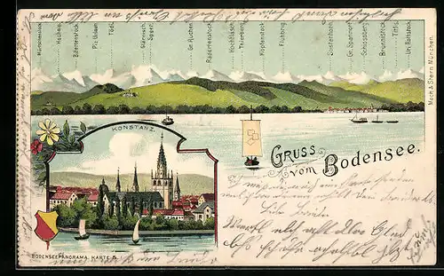Lithographie Konstanz, Teilansicht mit Kirche, Bergpanorama mit Tödi, Glärnisch und Köpfenstock