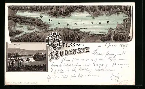 Vorläufer-Lithographie Konstanz /Bodensee, 1895, Rheinfall, Panorama mit Rorschach, Ludwigshafen und Hagnau