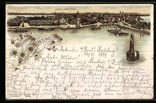 Lithographie Lindau i. B., Panorama mit Dampfer