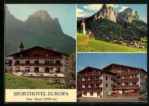 AK Seis am Schlern, Sporthotel Europa, Terrasse, Teilansicht mit Kirche