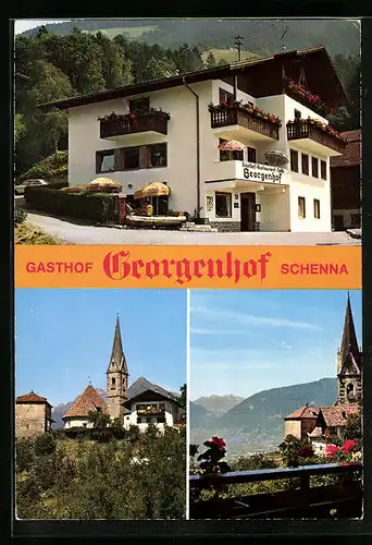 AK Schenna-St. Georgen bei Meran, Gasthaus Georgenhof, Ortspartie, Panorama