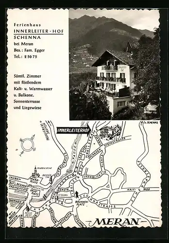 AK Schenna bei Meran, Pension Innerleiter-Hof, Stadtplan mit Pfarrplatz, Pfarrkirche u. Jaufenstrasse