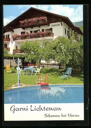 AK Schenna bei Meran, Pension Garni Lichtenau mit Schwimmbecken, St.-Georgen-Strasse 3