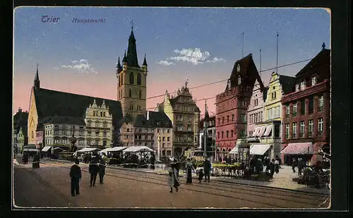 AK Trier, Hauptmarkt mit Geschäften und Kirche
