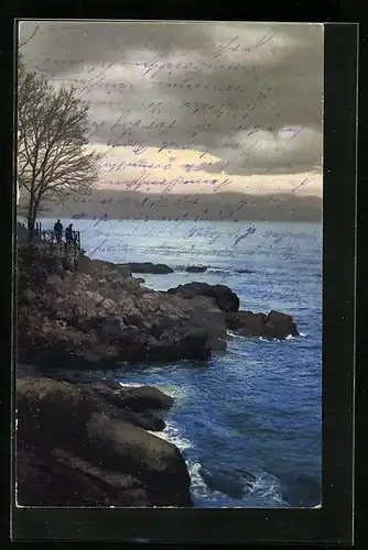 Künstler-AK Photochromie Nr. 1854: Felsenstrand mit Bäumen