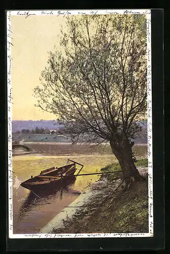 Künstler-AK Photochromie Nr. 5113: Uferpartie mit Baum und Boot