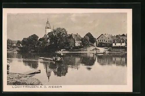 AK Lüchtringen a. d. Weser, Uferpartie mit Gasthof zum Weserstrand und Boot