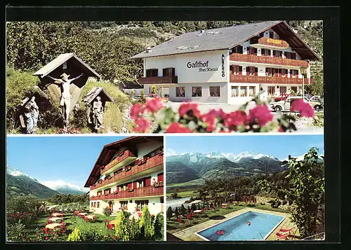 AK Schlanders-Kortsch, Gasthof-Pension Drei Kreuz, Garten, Schwimmbecken