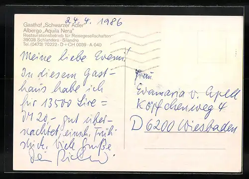 AK Schlanders, Gasthof Schwarzer Adler, Terrasse, Teilansicht