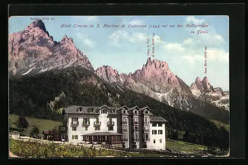 AK S. Martino di Castrozza an der Rollestrasse, Hotel Cimone mit Rosetta, Cima di Val di Roda und Sass Maor