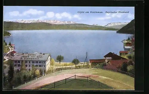 AK Urfeld am Walchensee /Bayrisches Hochland, Hotel Jäger am See und Strassenpartie