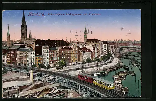 AK Hamburg, Ecke Kajen und Rödingsmarkt mit Hochbahn