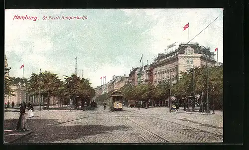 AK Hamburg-St. Pauli, Reeperbahn mit Strassenbahn