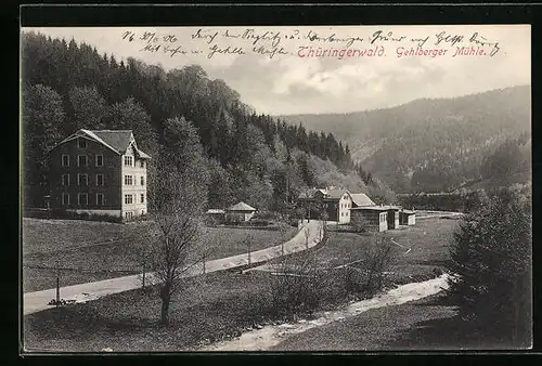 AK Gehlberg /Thüringerwald, Mühle, Teilansicht mit Berglandschaft