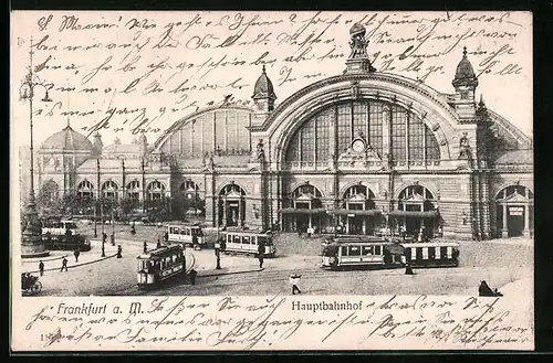 AK Frankfurt a. M., Hauptbahnhof, Strassenbahn auf dem Vorplatz