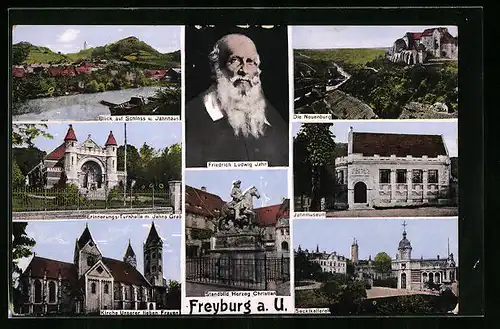 AK Freyburg a. U., Ortsansicht, Porträt Friedrich Ludwig Jahn, Standbild Herzog Christian, Sektkellerei und Jahnmuseum