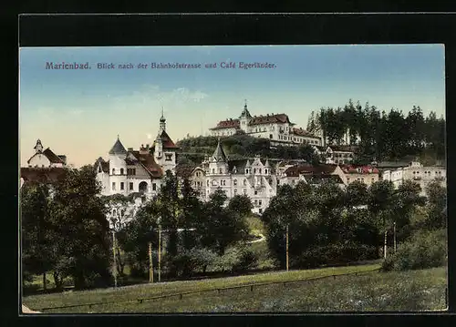 AK Marienbad, Blick nach der Bahnhofstrasse und Café Egerländer