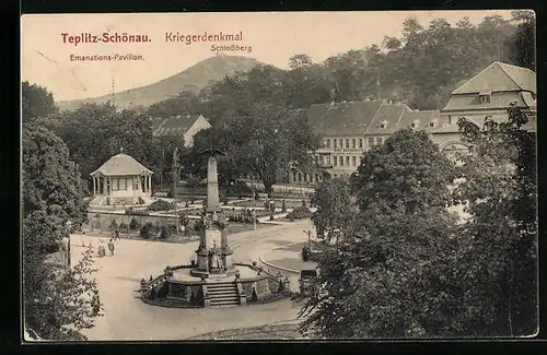 AK Teplitz-Schönau, Kriegerdenkmal, Emanations-Pavillon und Blick zum Schlossberg