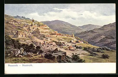 Künstler-AK Friedrich Perlberg: Nazareth, Ortsansicht aus der Vogelschau