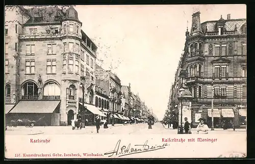 AK Karlsruhe, Kaiserstrasse mit Moninger